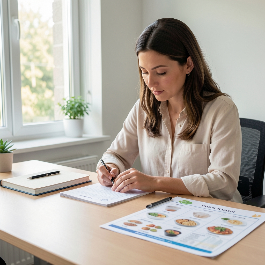 Qualified nutrition professional reviewing meal plans at a clean desk with notebooks, food composition charts and natural daylight streaming through a window