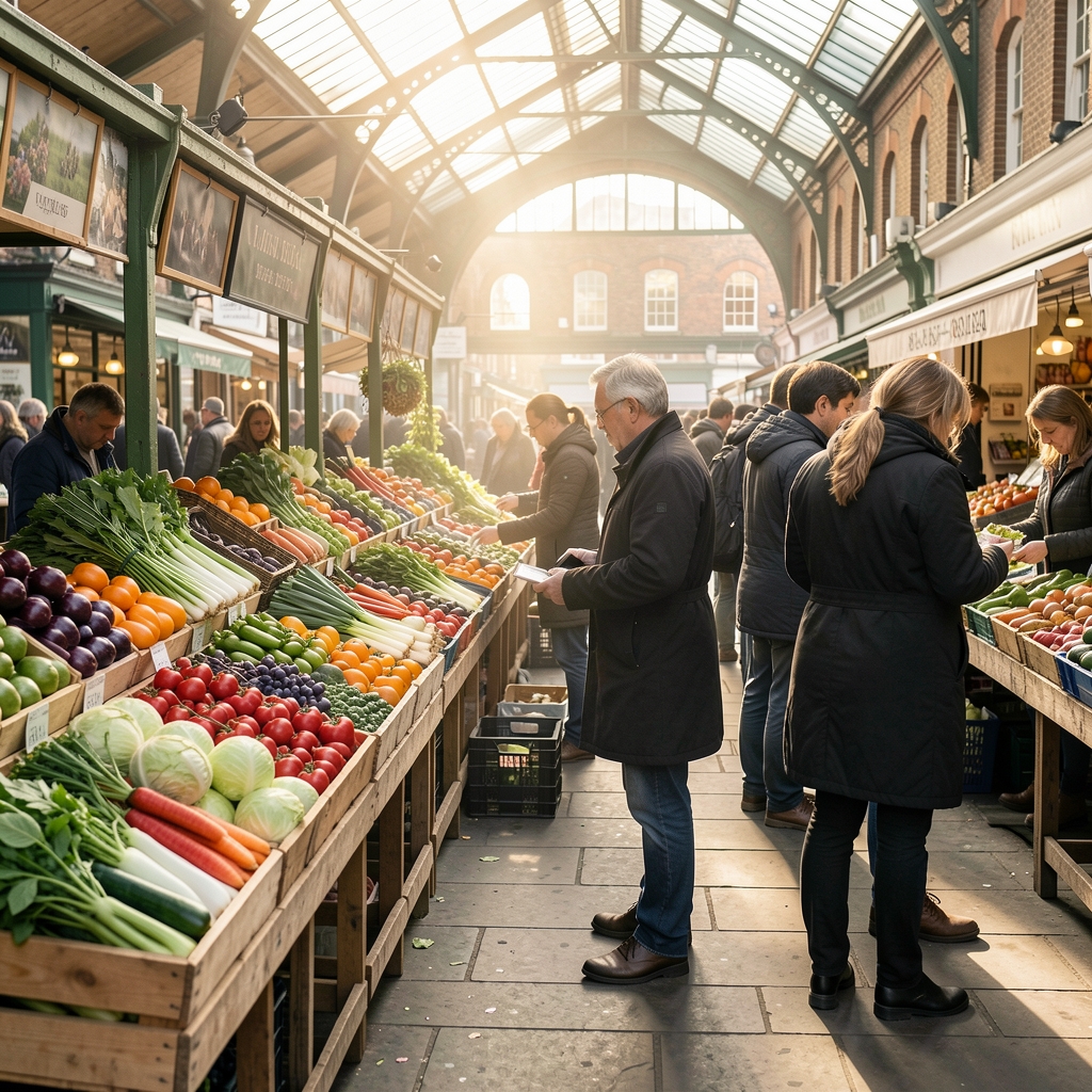 Market stall in a covered London market with seasonal vegetables displayed in wooden crates, shoppers selecting produce in morning light