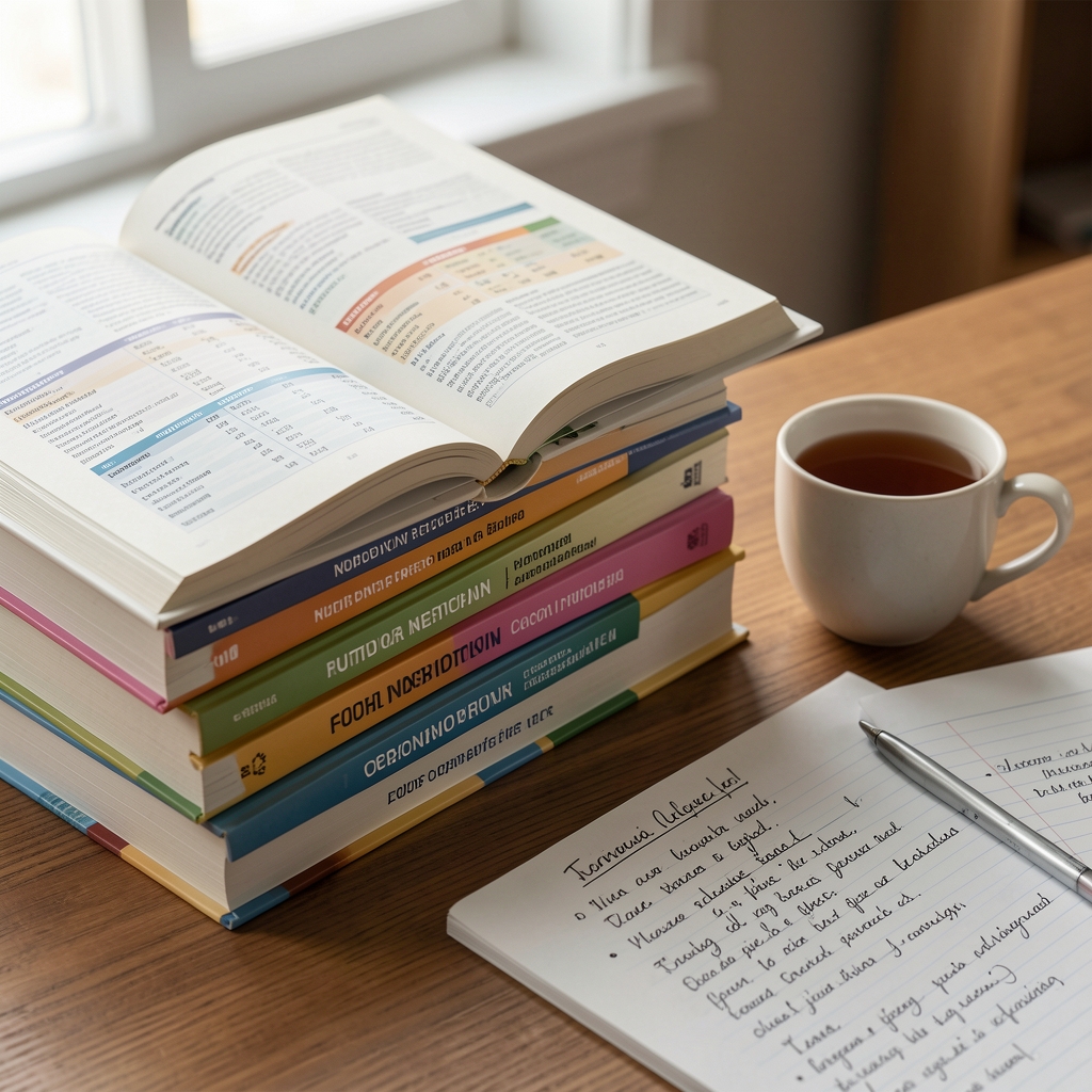 Stack of open nutrition reference books and food composition tables on a wooden desk beside a cup of tea and handwritten research notes