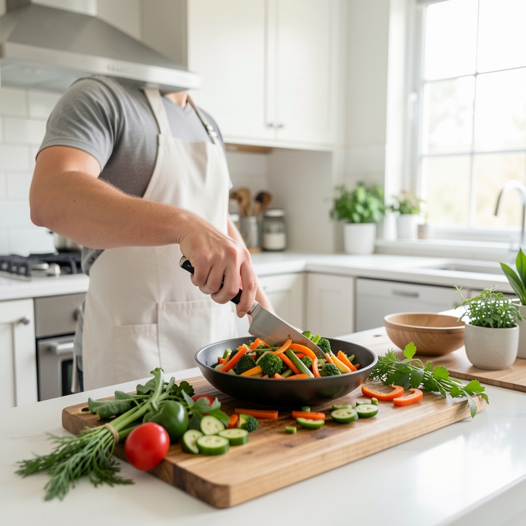 Home cook preparing a colourful stir-fry with fresh vegetables in a bright modern kitchen, vegetables and herbs arranged on a wooden chopping board