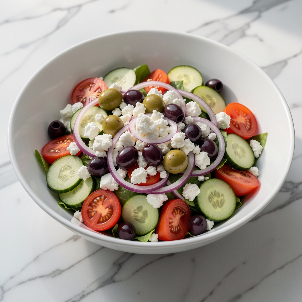 Mediterranean salad in a wide white bowl with cucumber, tomato, red onion, olives and crumbled white cheese, natural light on a marble surface