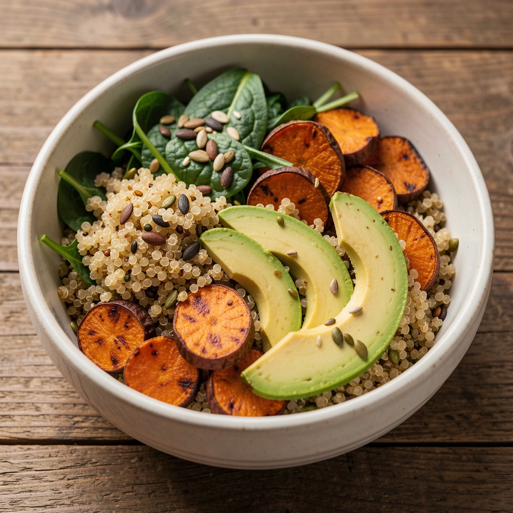Close-up of a colourful balanced meal bowl containing quinoa, roasted sweet potato, leafy greens, avocado and seeds on a wooden table