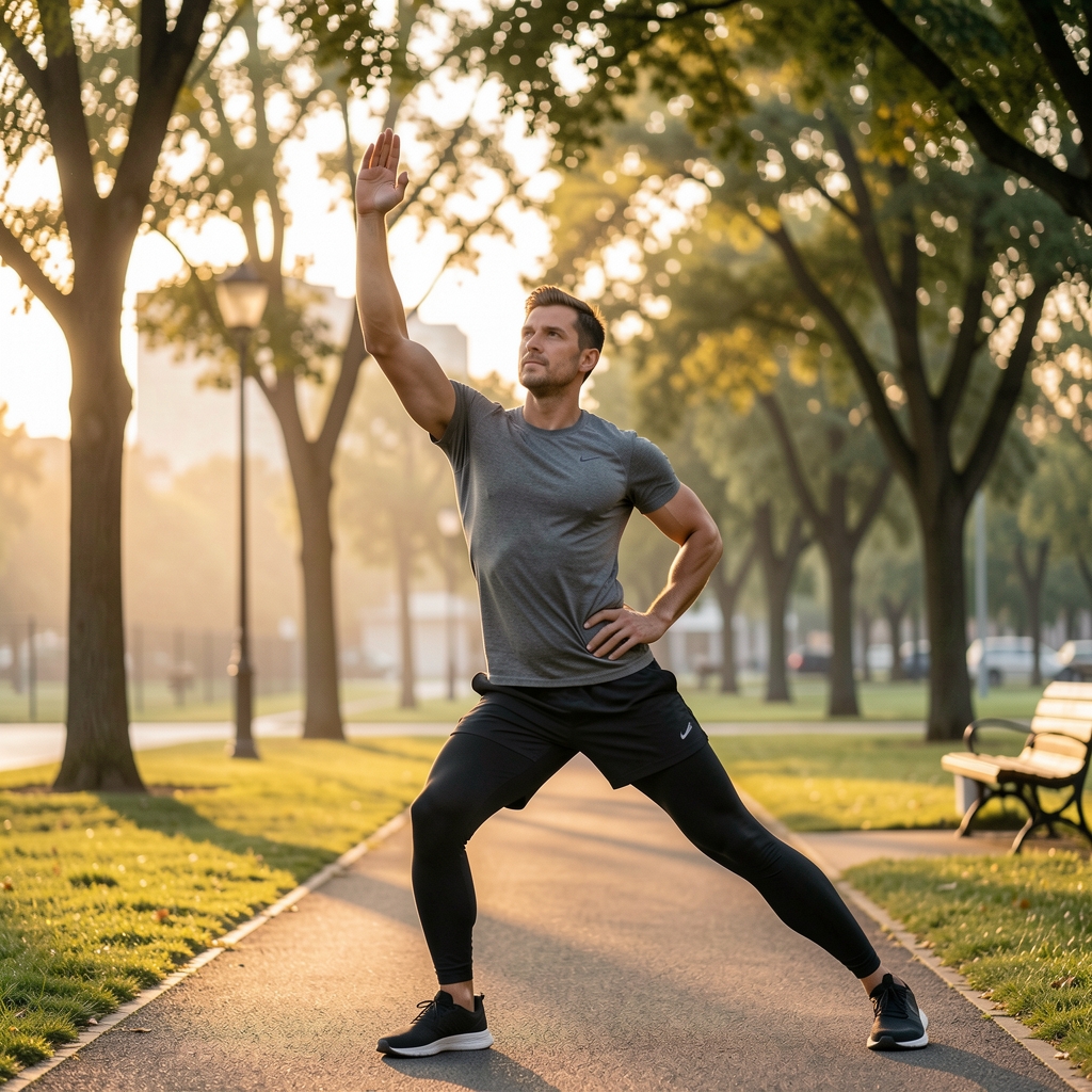 A runner in a park at dawn stretching before exercise, wearing athletic clothing, urban park background with trees and soft morning light