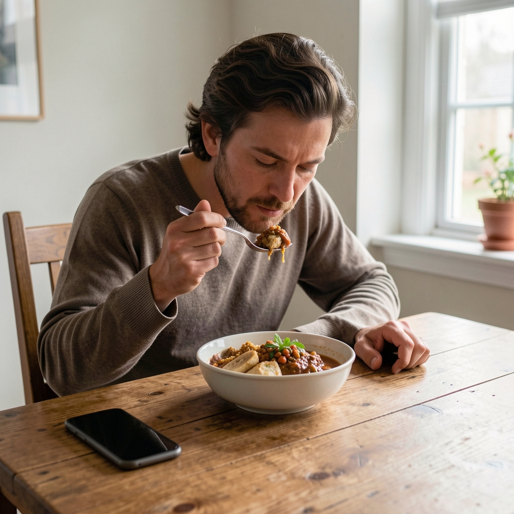 A single person eating slowly at a wooden dining table with a bowl of food, mobile phone face down beside the plate, calm natural light